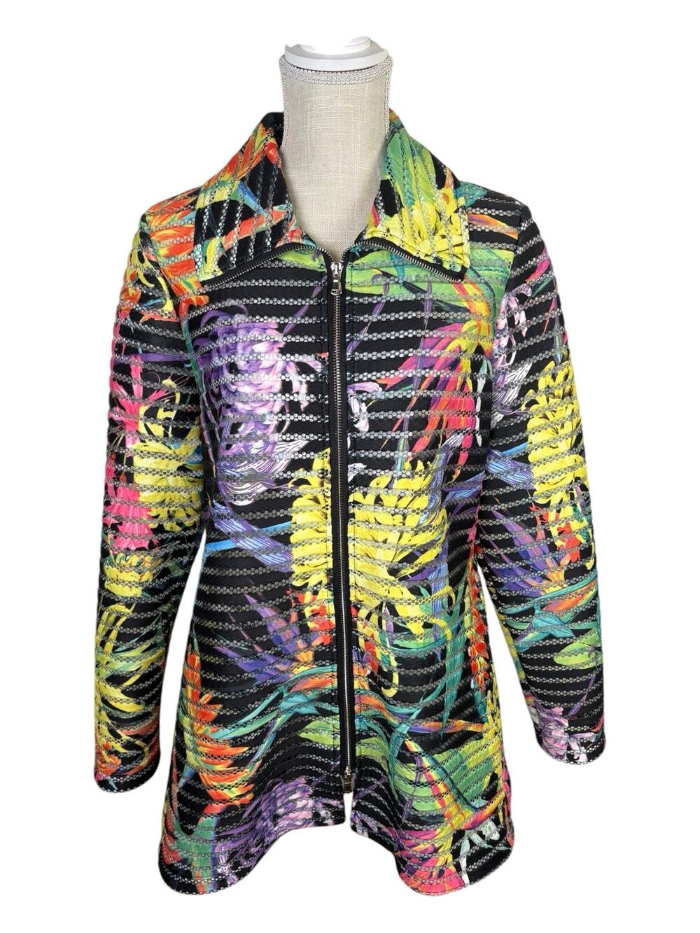 Berek Full Zip Colorful Floral Jacket Women's Large Lightweight Mesh Stripes